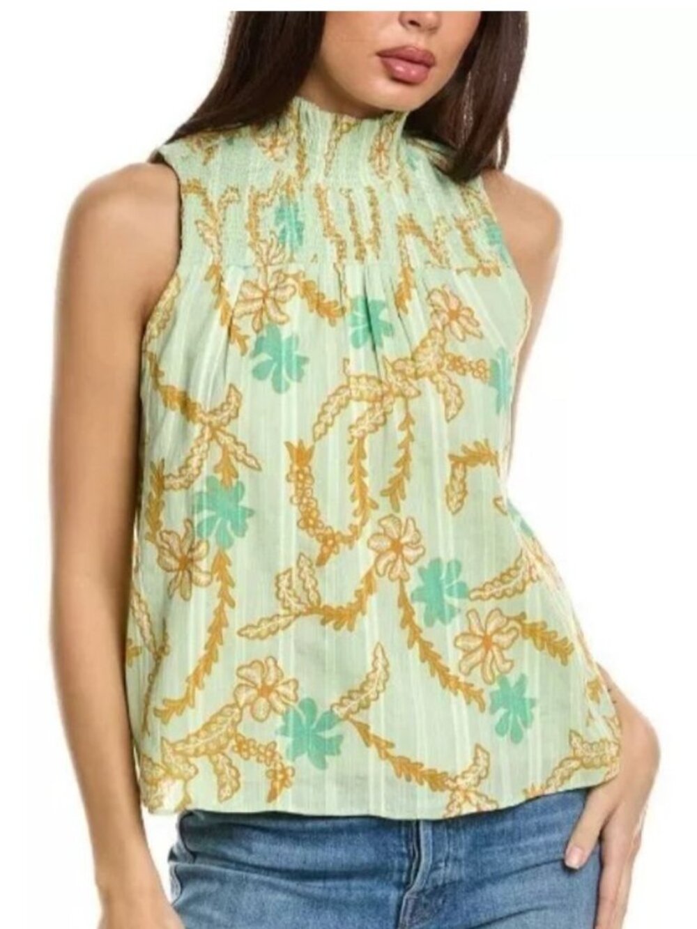 Joie Mika Top XL Pastel Green Smocked Mock Neck
